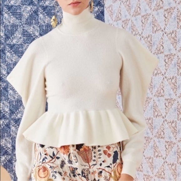 ULLA JOHNSON ROSA WOOL TURTLENECK STRUCTURED PEPLUM IVORY SWEATER PETITE - Picture 4 of 16
